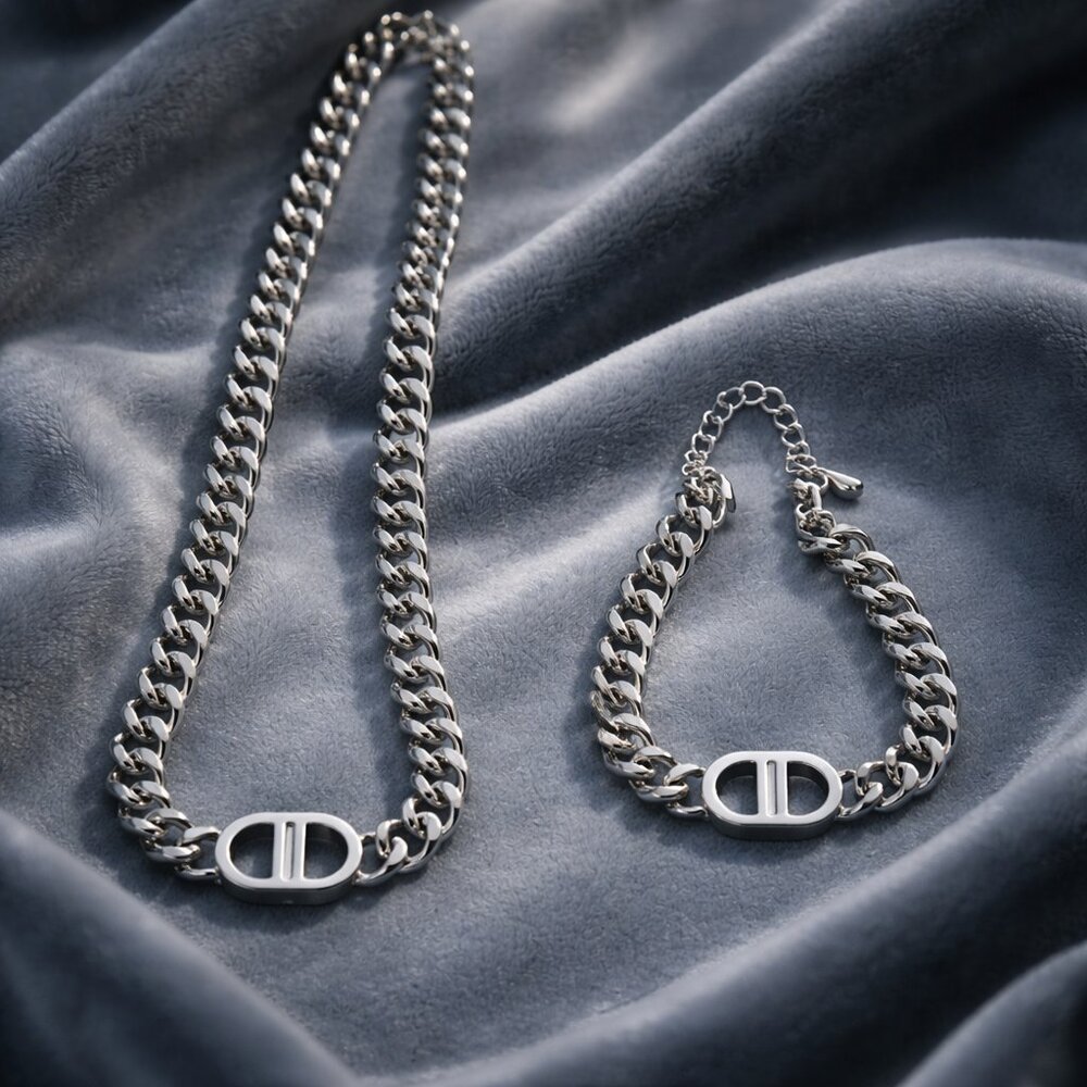 Silver Cuban Chain Necklace & Bracelet Set | 8mm | Boutique